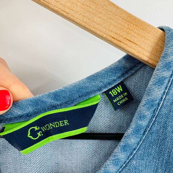 C. Wonder Denim Shift Dress Blue Short Sleeve Frayed Hem Stretch Size 18W - Picture 3 of 6